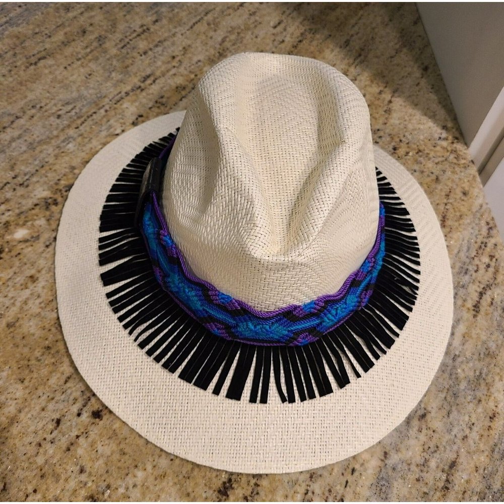 Designer Hat Augusto Di Zola Straw Off White Purple Blue Black Band Fringe Sz M